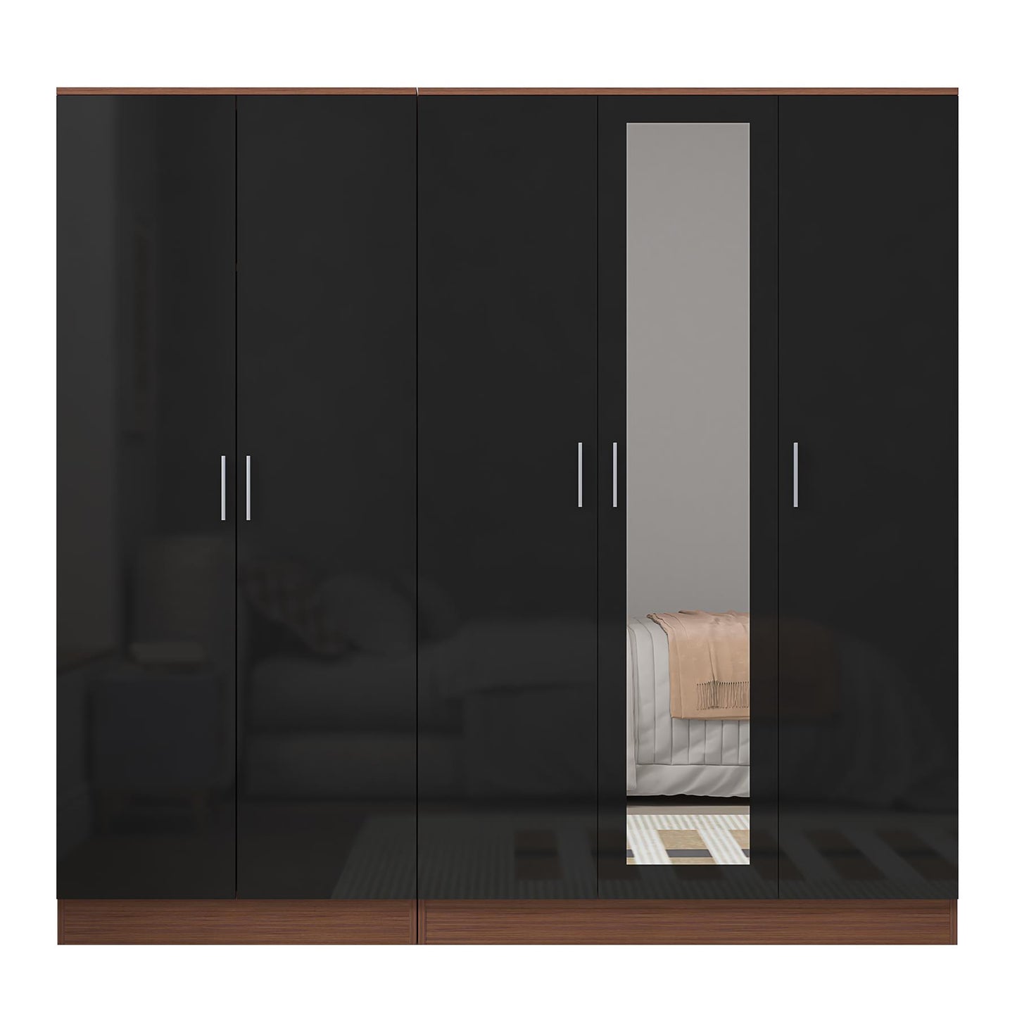 Reflect 2pc Wardrobe Bundle - 3 Door Mirror + 2 Door Plain - Black Gloss & Walnut