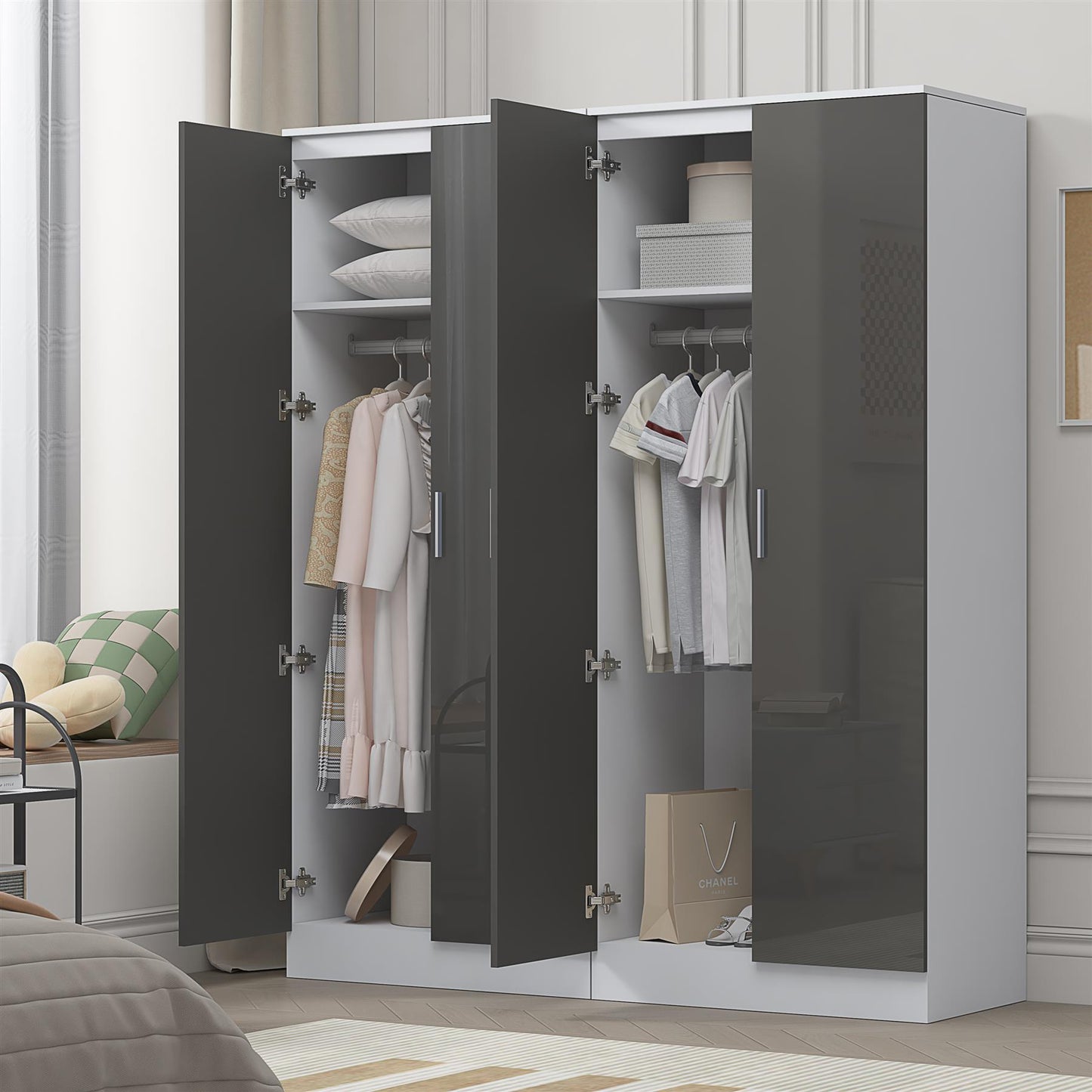 Reflect 2x 2 Door Plain Wardrobe Bundle - Grey Gloss & Matt White - Hanging Rails & Shelves - Modern Sleek Design