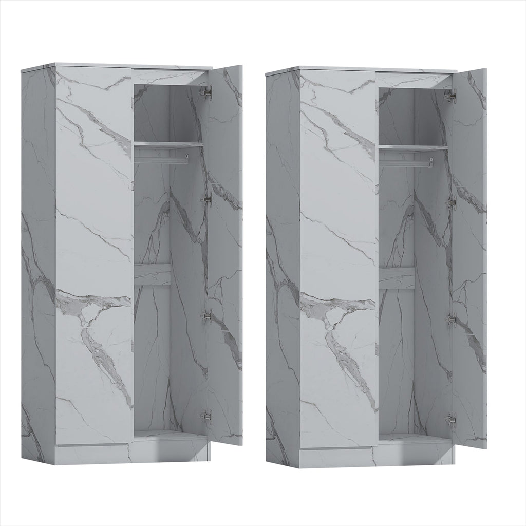 ZITA White Marble Effect 2 Piece Wardrobe Bundle - 2 x 2-Door Wardrobes, (L) 50cm x (W) 76cm x (H) 180cm.