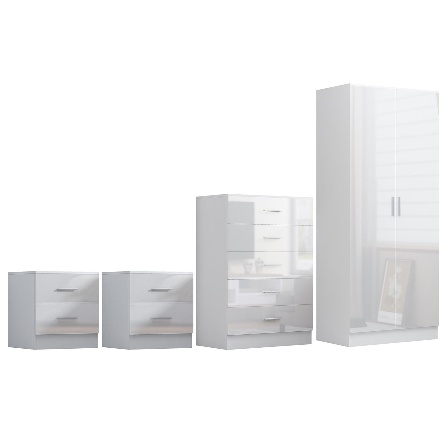 REFLECT Gloss 4pc Bedroom Set - 2 Door Wardrobe + 5 Draw Chest + 2 Bedsides