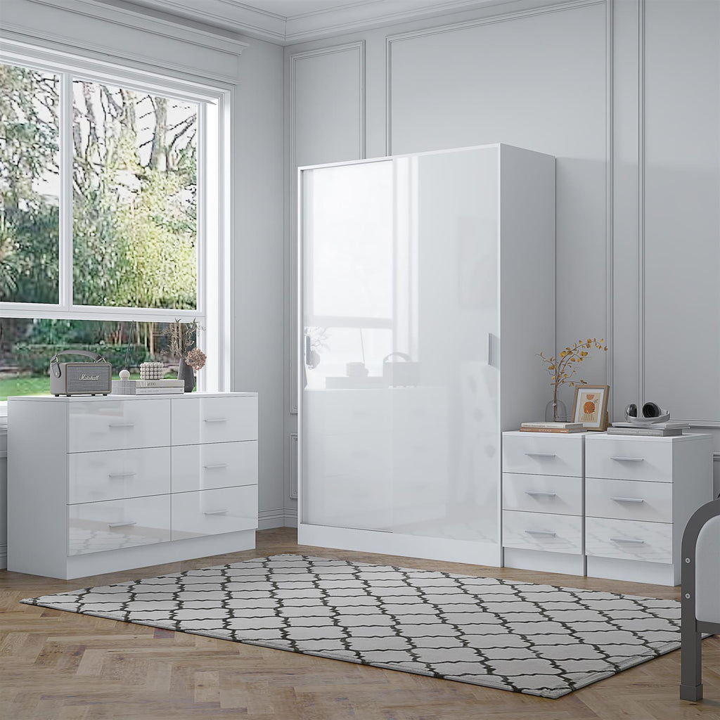 Reflect 2 Door Sliding Wardrobe, 6 Draw Wide Chest, 2x3 Drawer Bedsides - White Gloss & Matt White - Modern Bedroom Furniture Set