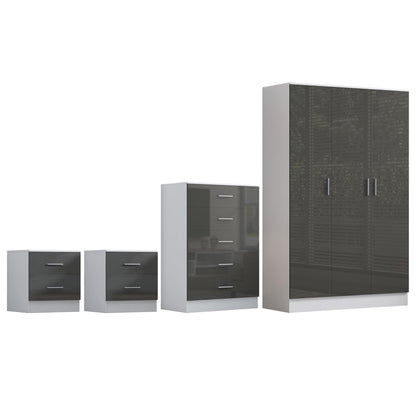Reflect 3 Door Plain Wardrobe, 5 Drawer Chest, 2x 2 Drawer Bedsides - Grey Gloss & Matt White - Modern Bedroom Furniture Set