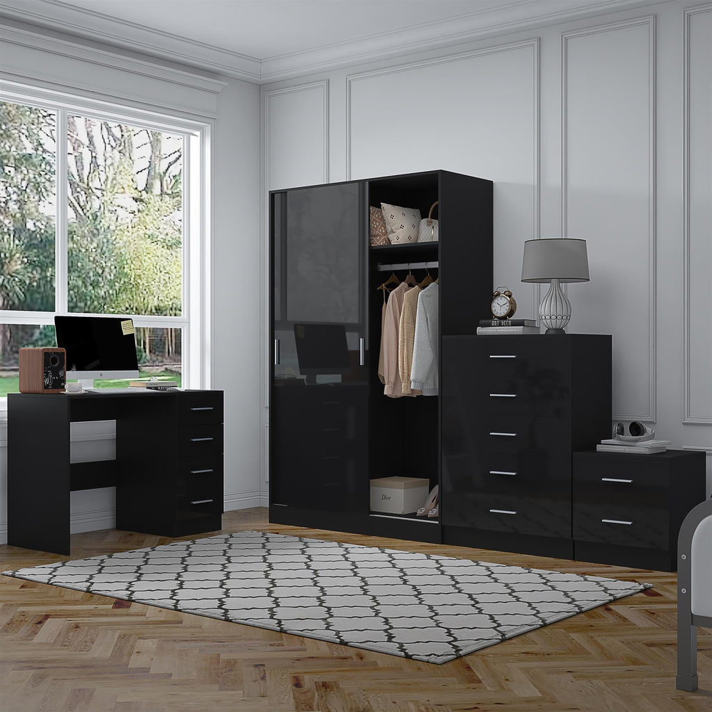 REFLECT Gloss 4pc Set - 2 Door Sliding Wardrobe + 5 Draw Chest + Bedside + Desk