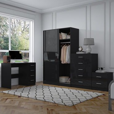 REFLECT Gloss 4pc Set - 2 Door Sliding Wardrobe + 5 Draw Chest + Bedside + Desk