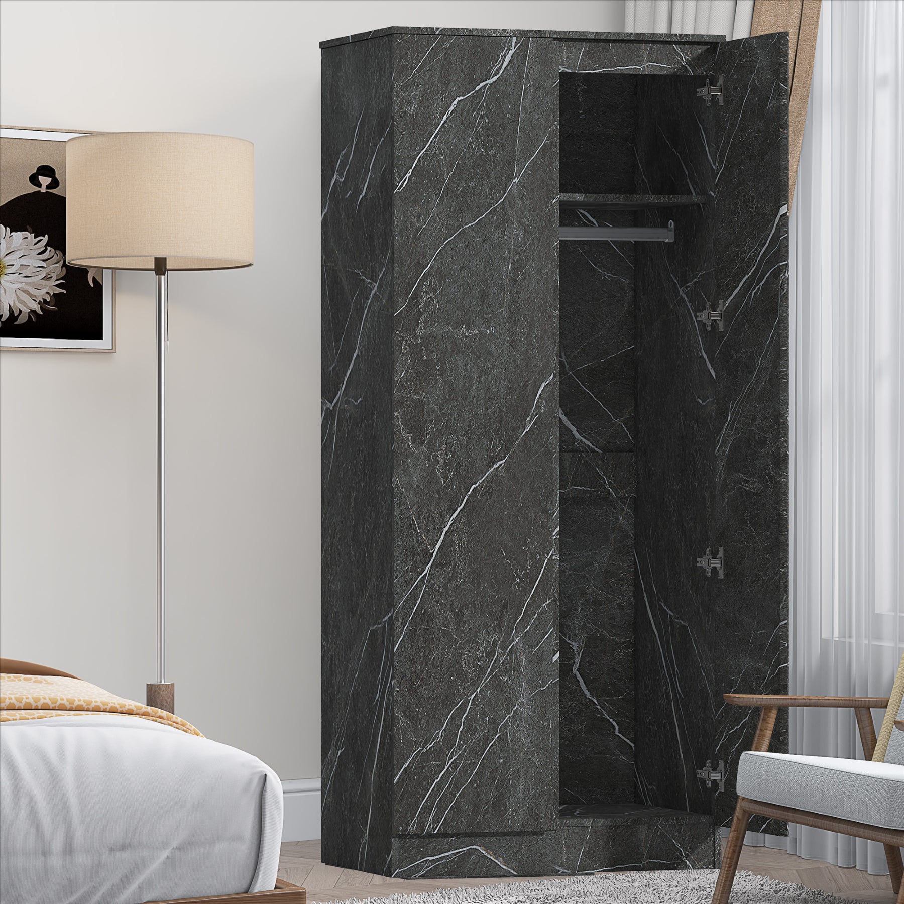 ZITA Grey Marble Effect 2 Door Plain Wardrobe - Bedroom Storage, Stylish and Spacious