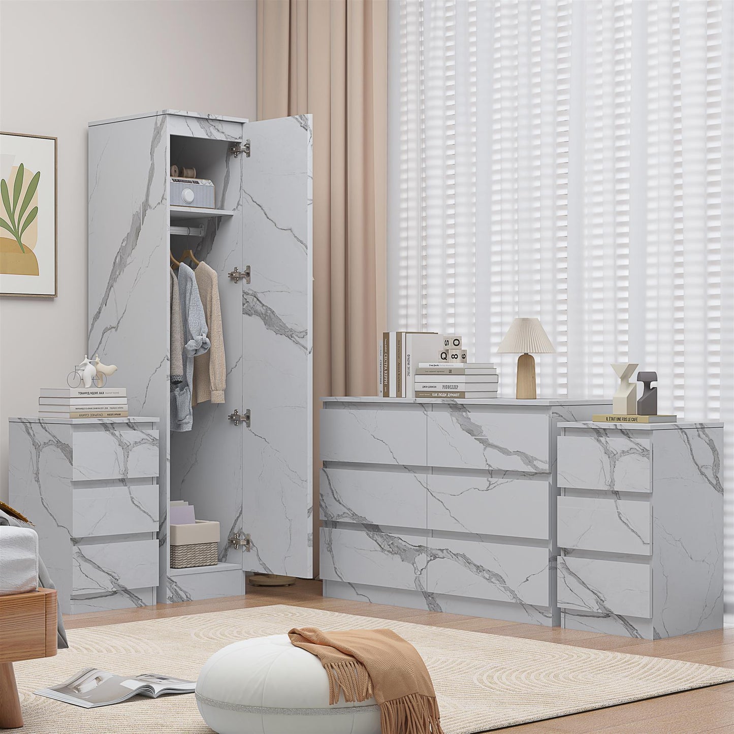 ZITA 4pc Set - 1 Door Wardrobe + Wide Chest + 2 Bedsides in White OR Grey Marble