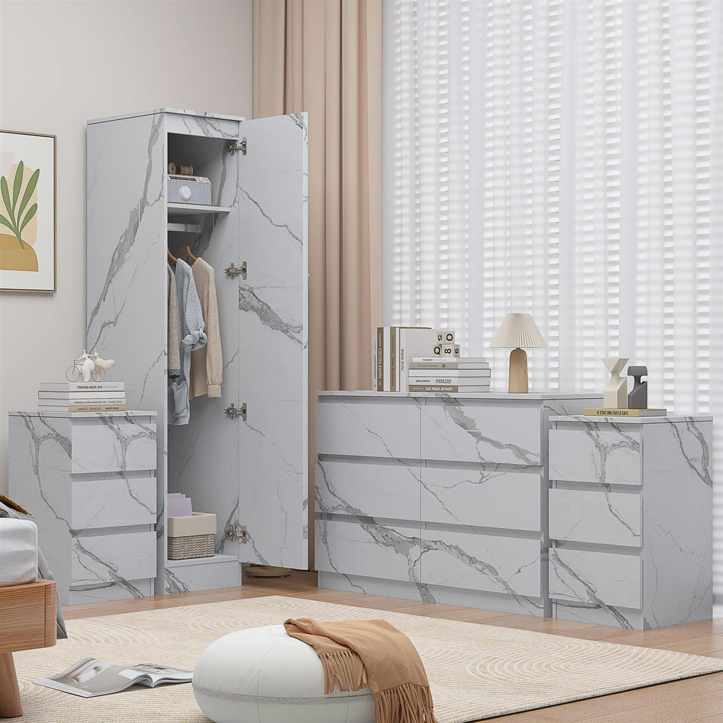 ZITA White Marble Effect 4pc Bedroom Set - 1-Door Wardrobe, Wide Chest & 2 Bedside Tables, Contemporary Bedroom Storage Solution