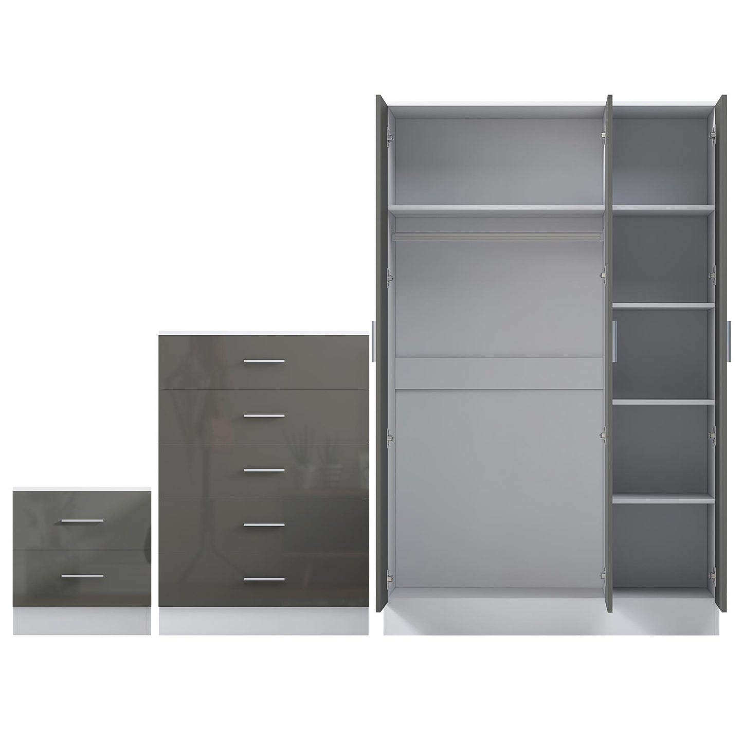 Reflect 3 Door Plain Wardrobe, 5 Drawer Chest, 2 Drawer Bedside - Grey Gloss & Matt White - Modern Bedroom Furniture Set