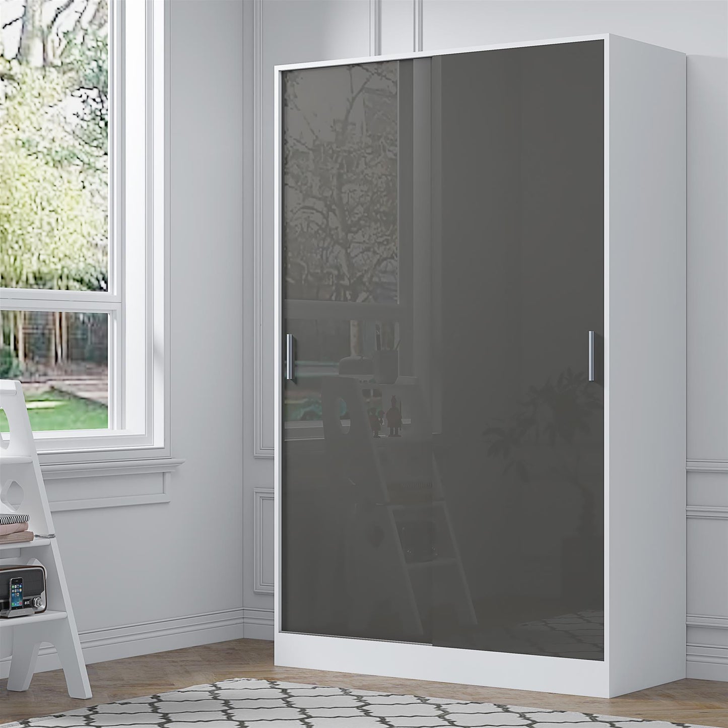 REFLECT High Gloss Bedroom Furniture Wardrobe Chest Bedside Desk in Grey/White