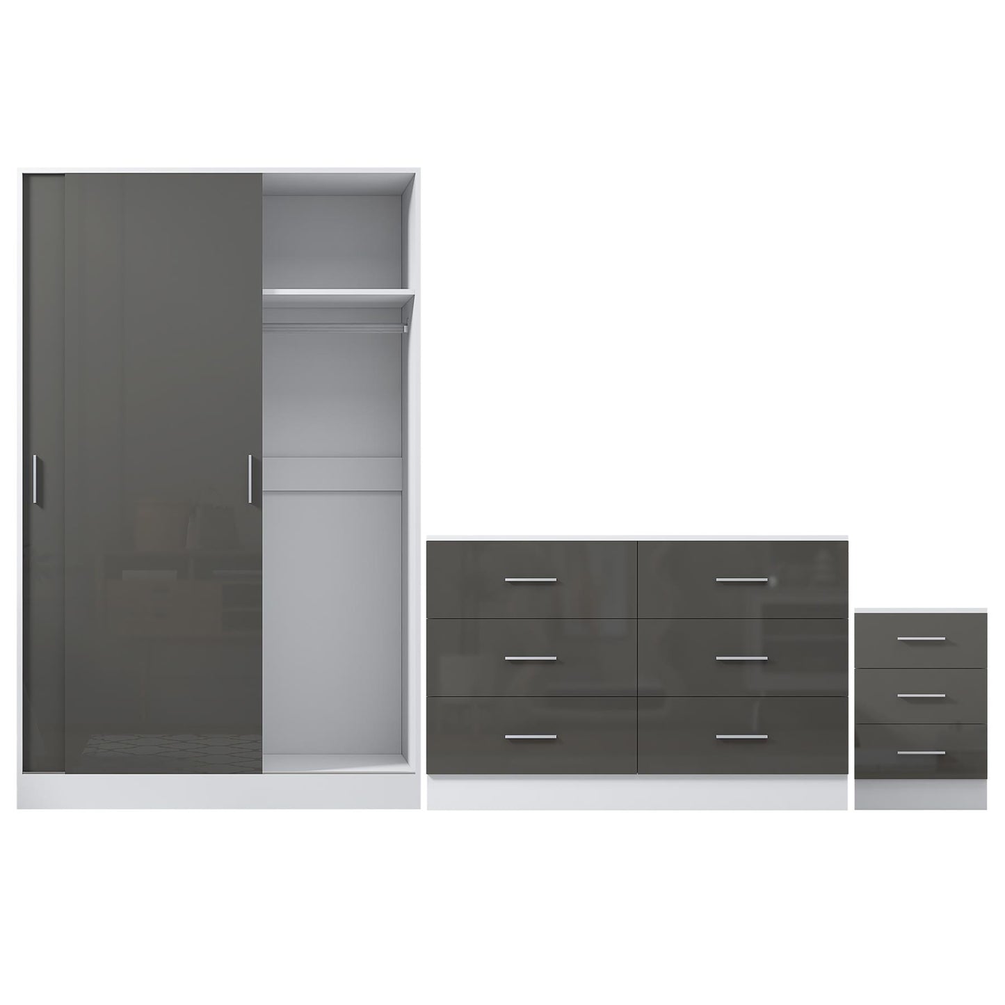 Reflect 2 Door Sliding Wardrobe, 6 Drawer Wide Chest, 3 Drawer Bedside - Grey Gloss & Matt White - Modern Bedroom Furniture Set