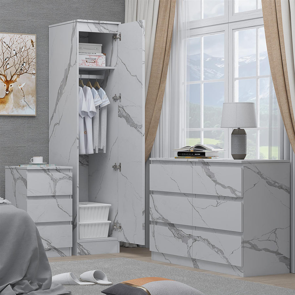 ZITA White Marble Effect 3 Piece Bedroom Set - 1-Door Wardrobe, Wide Chest & Bedside Table, Stylish Modern Bedroom Furniture