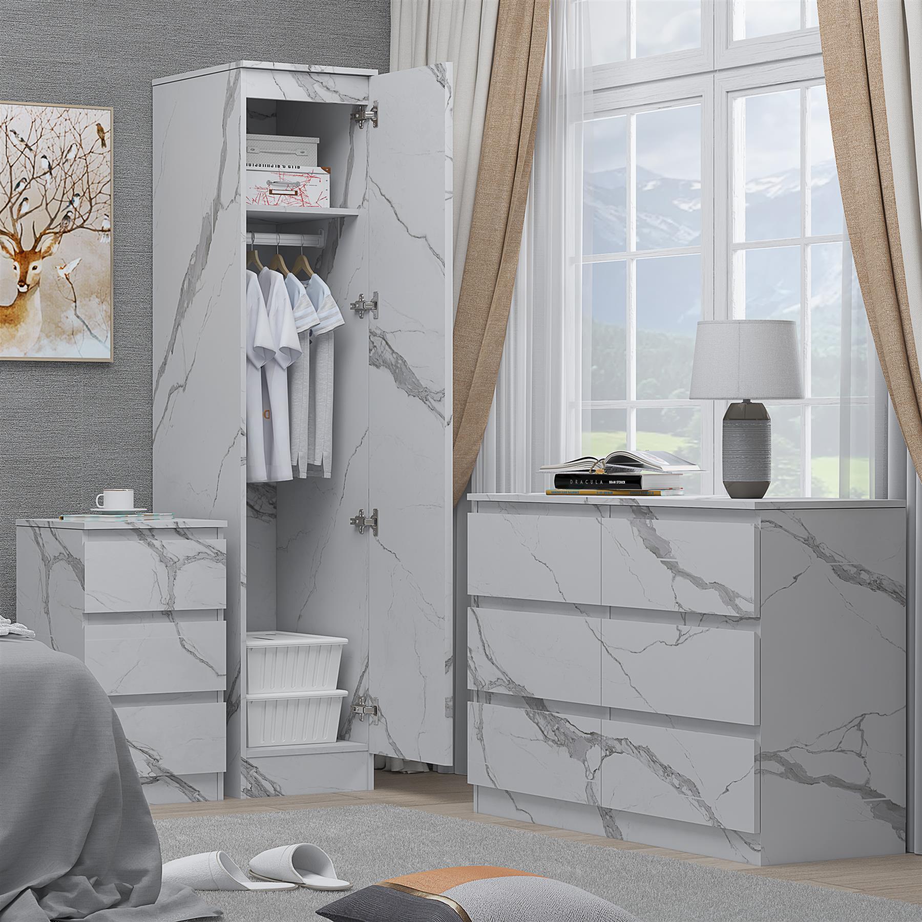 ZITA White Marble Effect 3 Piece Bedroom Set - 1-Door Wardrobe, Wide Chest & Bedside Table, Stylish Modern Bedroom Furniture