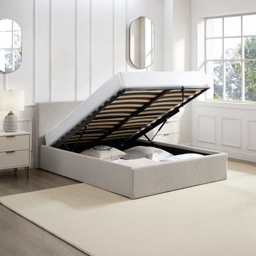 TEDDY BOUCLE 4FT6 Double Beige Ottoman Storage Bed Gas Lift Up with 25cm Memory Foam Mattress