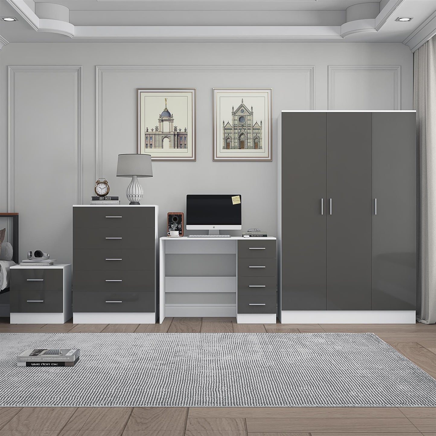 REFLECT Gloss 4pc Bedroom Set - 3 Door Wardrobe + Tall Chest + Bedside + Desk