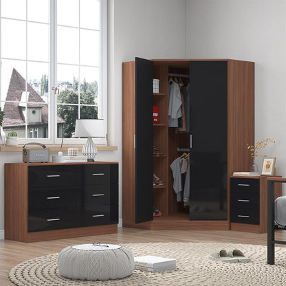 Reflect 2 Door Corner Wardrobe, 6 Drawer Chest, 3 Drawer Bedside - Black Gloss & Walnut - Bedroom Furniture Set