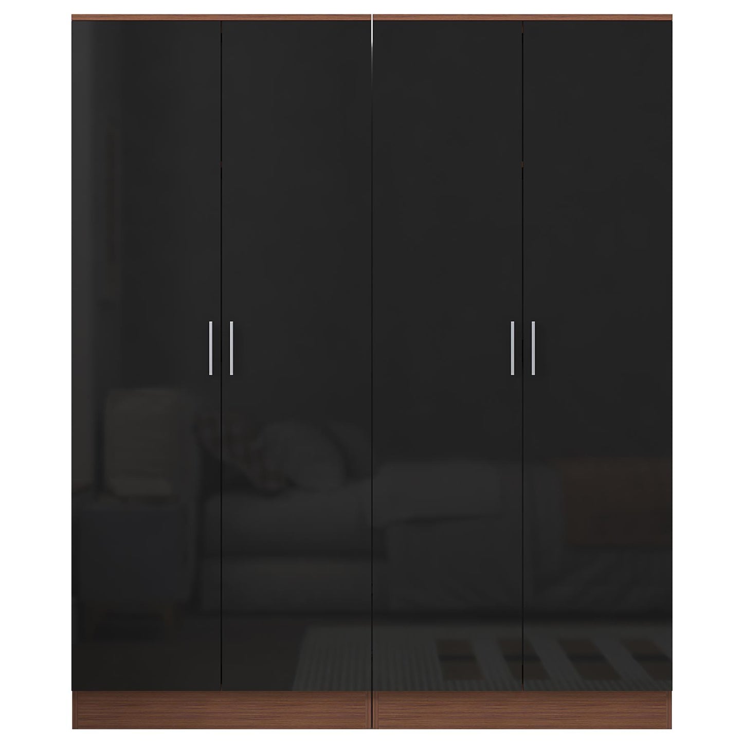 Reflect 2x 2 Door Plain Wardrobe Bundle - Black Gloss & Walnut - Hanging Rails & Shelves - Modern Sleek Design