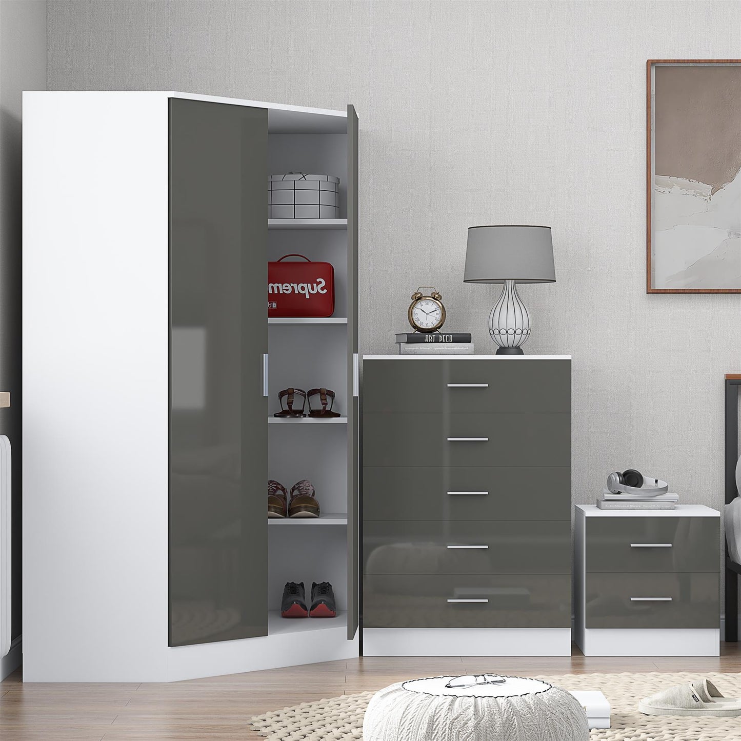 REFLECT Gloss 3pc Set - 2 Door Corner Wardrobe + 5 Draw Chest + Bedside