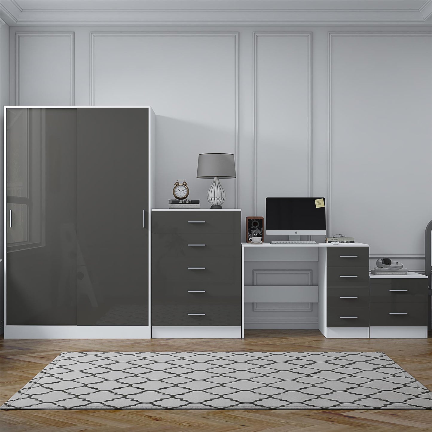 REFLECT Gloss 4pc Set - 2 Door Sliding Wardrobe + 5 Draw Chest + Bedside + Desk