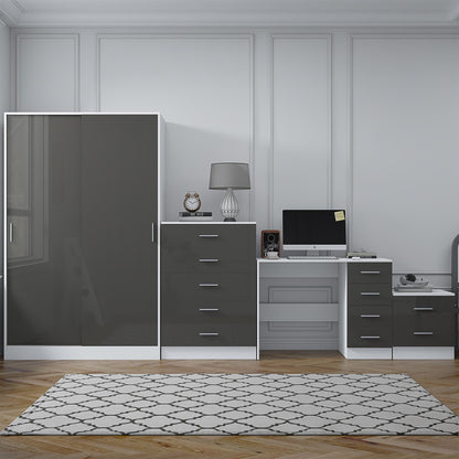 REFLECT Gloss 4pc Set - 2 Door Sliding Wardrobe + 5 Draw Chest + Bedside + Desk
