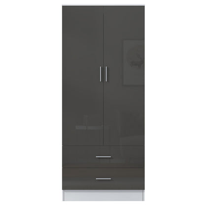Reflect 2 Door 2 Drawer Combi Plain Wardrobe - Grey Gloss & Matt White - Hanging Rails, Drawers & Shelf