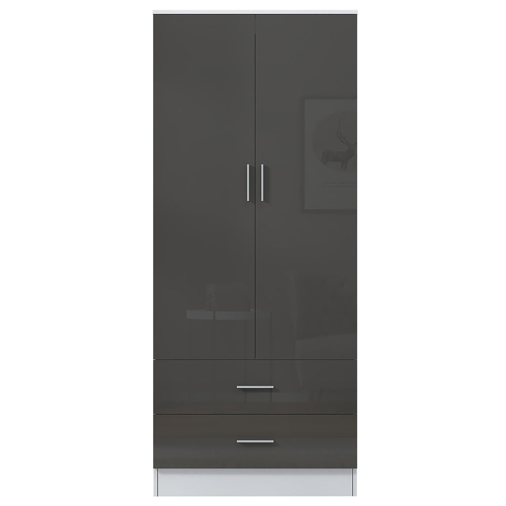 Reflect 2 Door 2 Drawer Combi Plain Wardrobe - Grey Gloss & Matt White - Hanging Rails, Drawers & Shelf - H: 180cm x W: 76cm