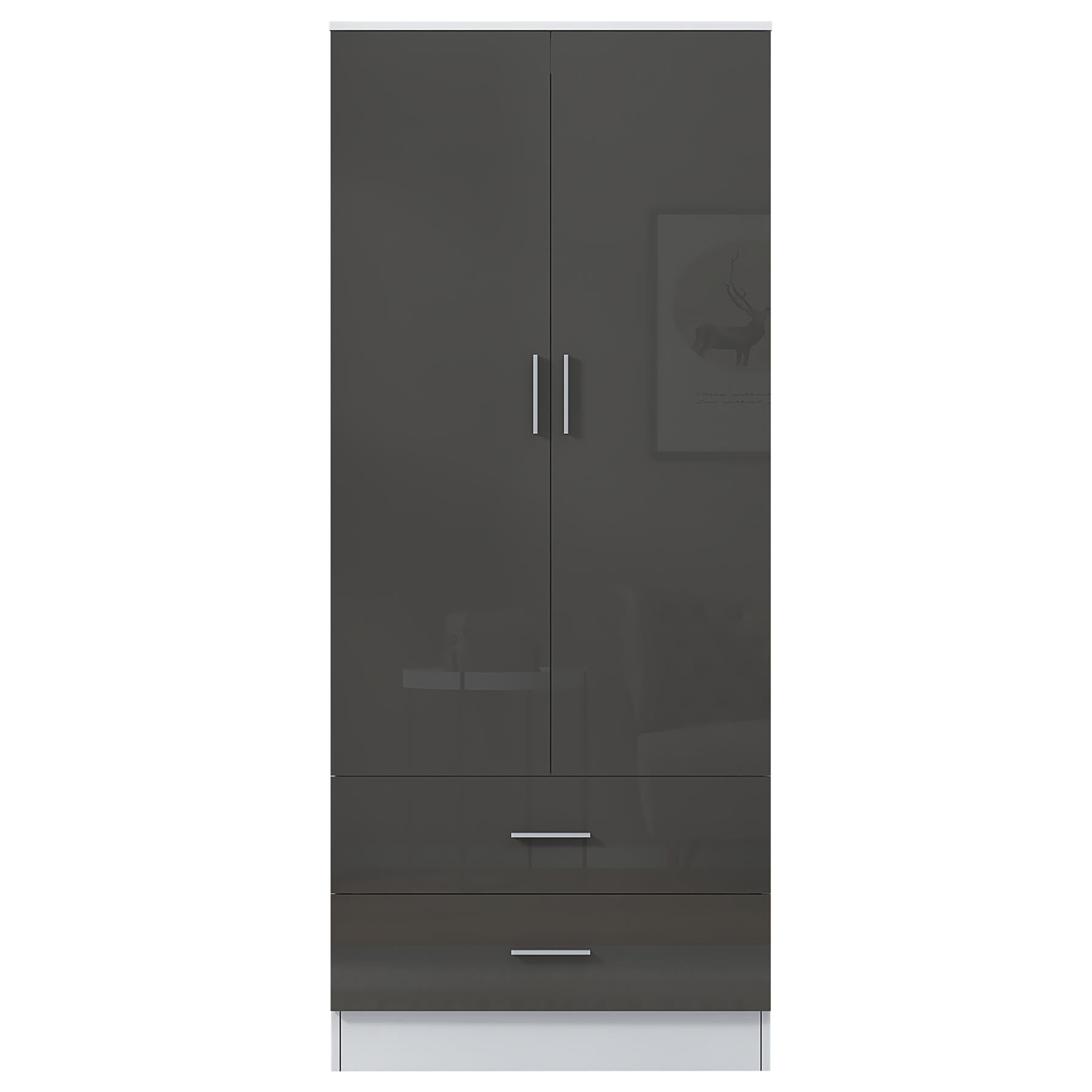 Reflect 2 Door 2 Drawer Combi Plain Wardrobe - Grey Gloss & Matt White - Hanging Rails, Drawers & Shelf - H: 180cm x W: 76cm