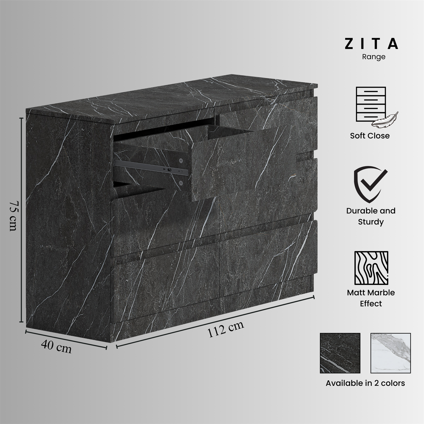 ZITA 4pc Set - 1 Door Wardrobe + Wide Chest + 2 Bedsides in White OR Grey Marble