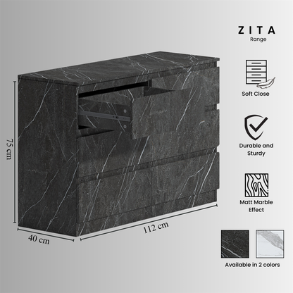 ZITA Grey Marble Effect 4pc Bedroom Set - 1-Door Wardrobe, Wide Chest & 2 Bedside Tables, Contemporary Bedroom Storage Solution