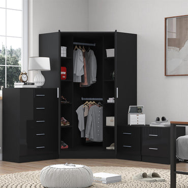 Reflect 2 Door Corner Wardrobe, 5 Drawer Chest, 2x 2 Drawer Bedsides - Black Gloss & Black Oak - Bedroom Furniture Set
