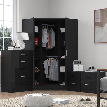 Reflect 2 Door Corner Wardrobe, 5 Drawer Chest, 2x 2 Drawer Bedsides - Black Gloss & Black Oak - Bedroom Furniture Set