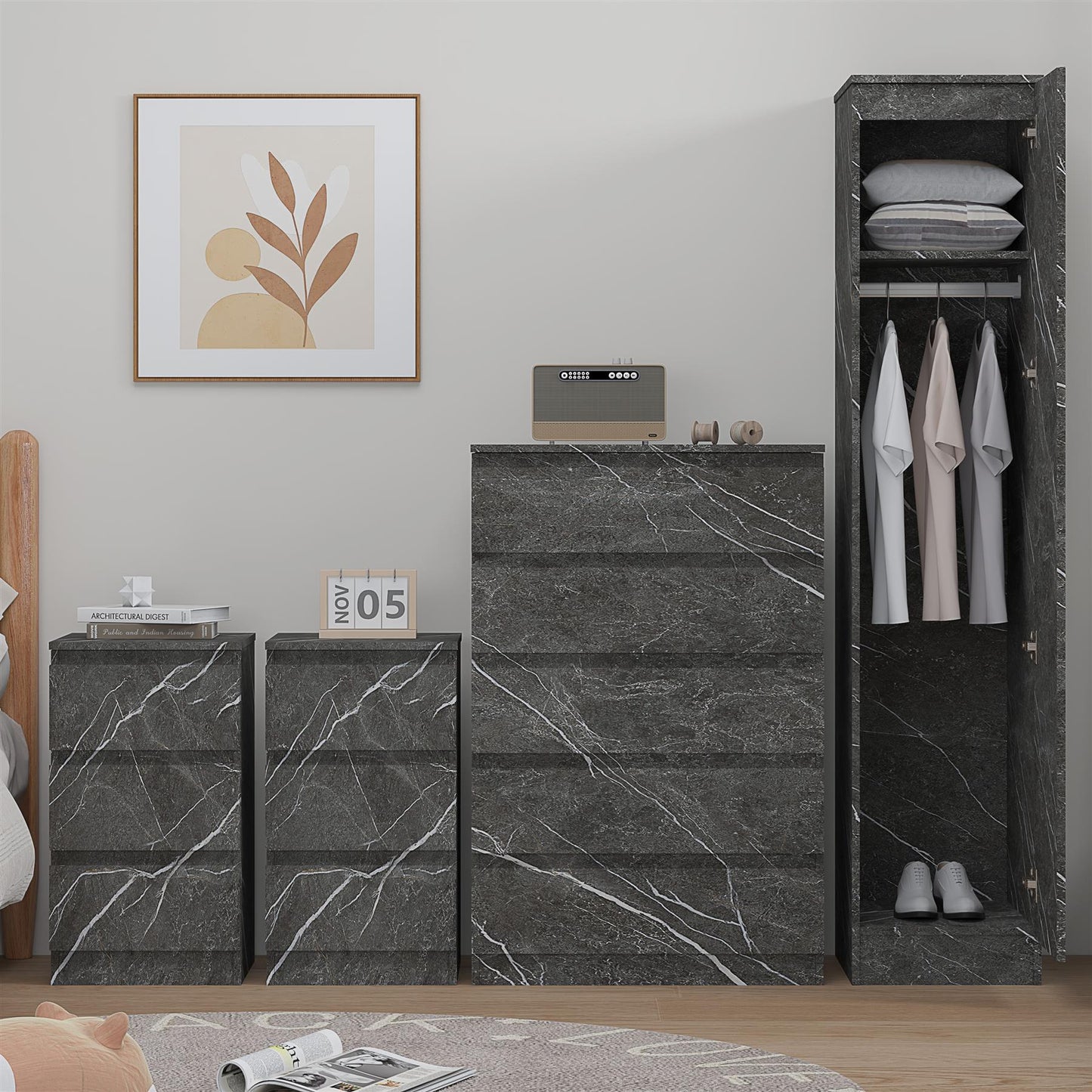 ZITA 4pc Set - 1 Door Wardrobe + Tall Chest + 2 Bedsides in White OR Grey Marble