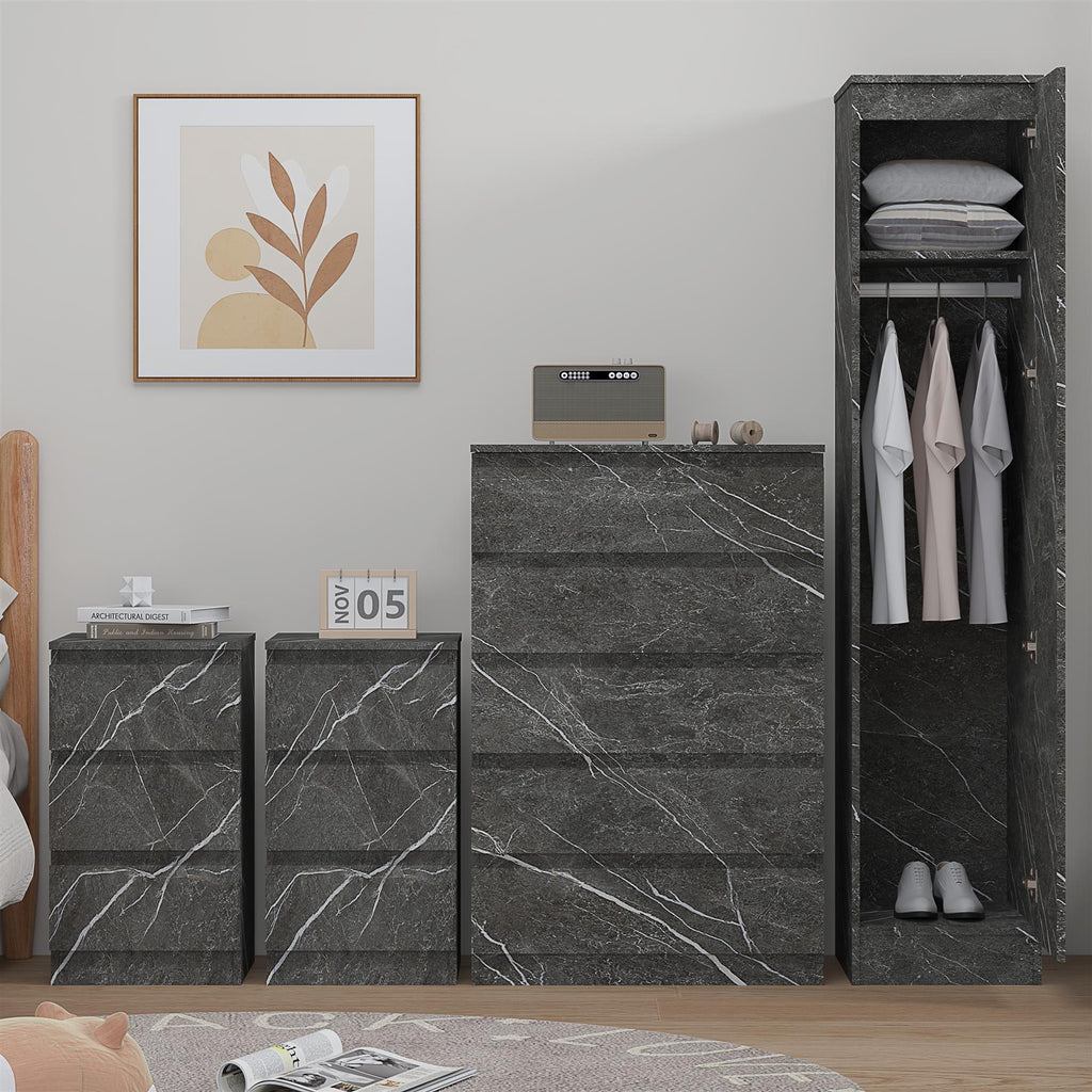 ZITA 4pc Grey Marble Effect Bedroom Set - 1-Door Wardrobe, Tall Chest & 2 Bedside Tables, Stylish Modern Storage Furniture