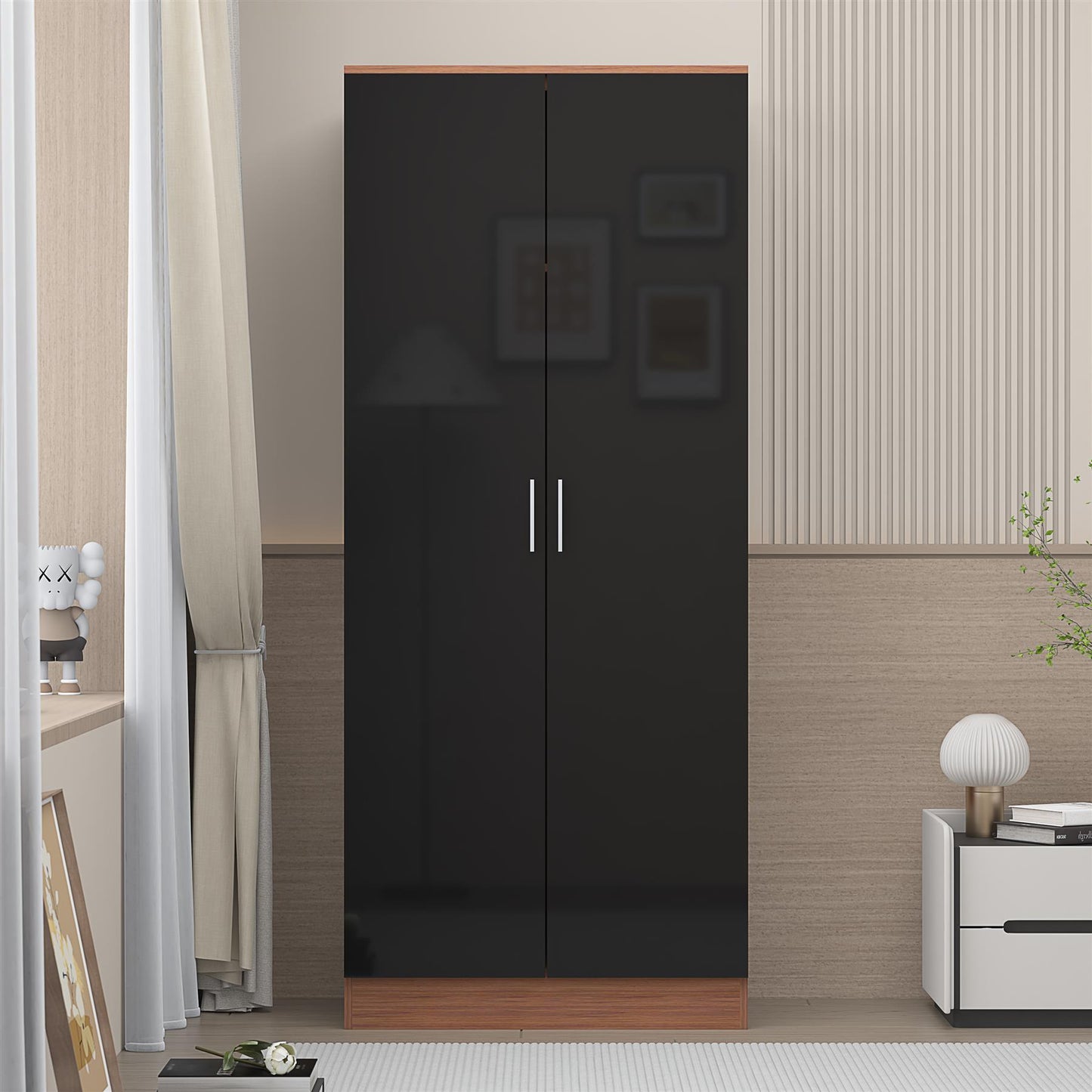 Reflect 2 Door Plain Wardrobe - Black Gloss & Walnut - Hanging Rails & Shelves - Modern Sleek Design