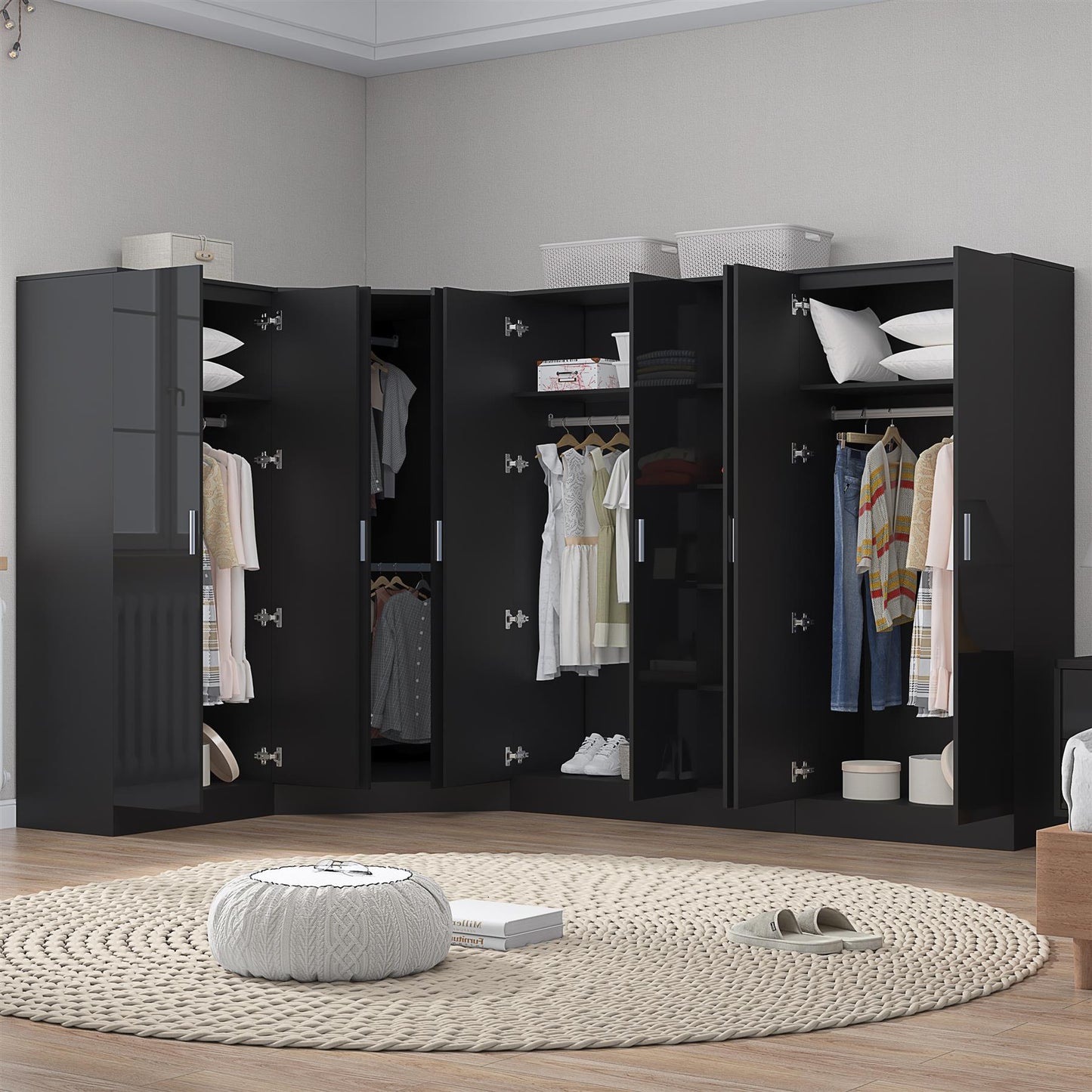 Reflect 4pc Wardrobe Bundle - 2 Door Corner + 3 Door Plain + 2x 2 Door Plain - Black Gloss & Black Oak