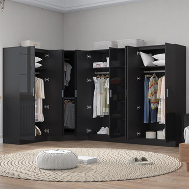 Reflect 4pc Wardrobe Bundle - 2 Door Corner + 3 Door Plain + 2x 2 Door Plain - Black Gloss & Black Oak