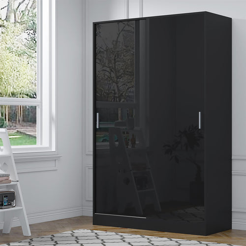 Reflect 2 Door Sliding Wardrobe - Black Gloss & Black Oak - Hanging Rails & Shelves - H:180cm x W: 120cm x D: 58cm - Modern Design