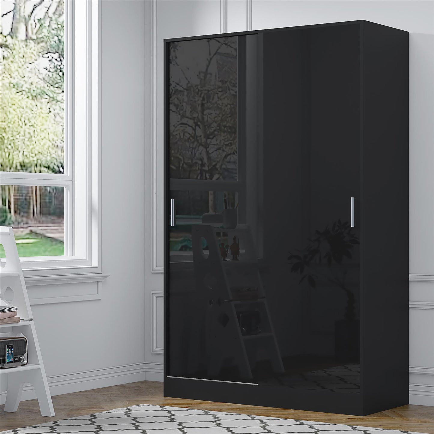Reflect 2 Door Sliding Wardrobe - Black Gloss & Black Oak - Hanging Rails & Shelves - Modern Design