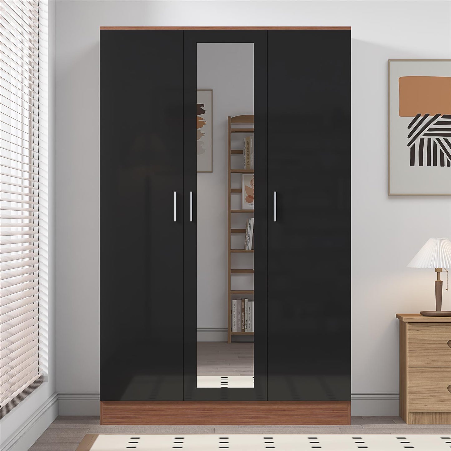Reflect 3 Door Mirror Wardrobe - Black Gloss & Walnut - Hanging Rail & 4 Shelves - Modern Design