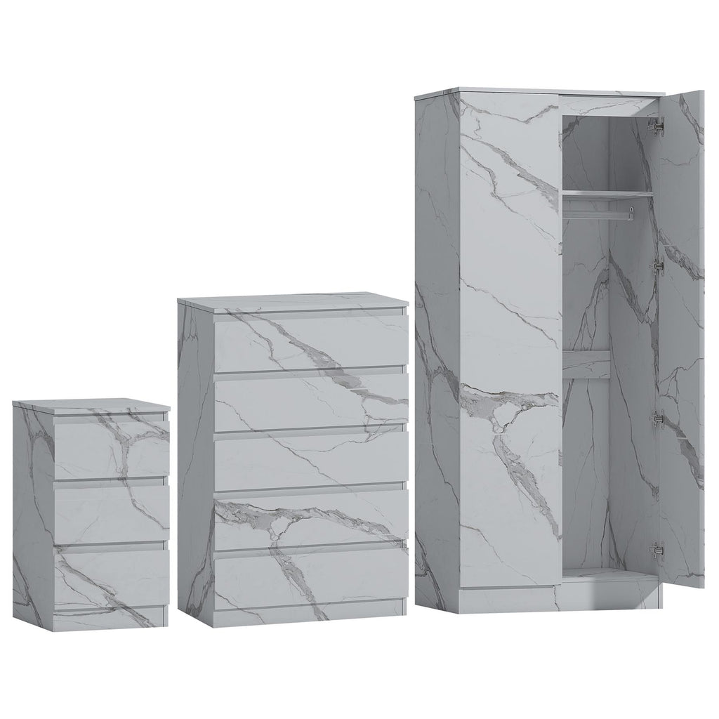 ZITA White Marble Effect 3 Piece Set - 2 Door Wardrobe, 5 Drawer Chest & 3 Drawer Bedside, Stylish Bedroom Storage