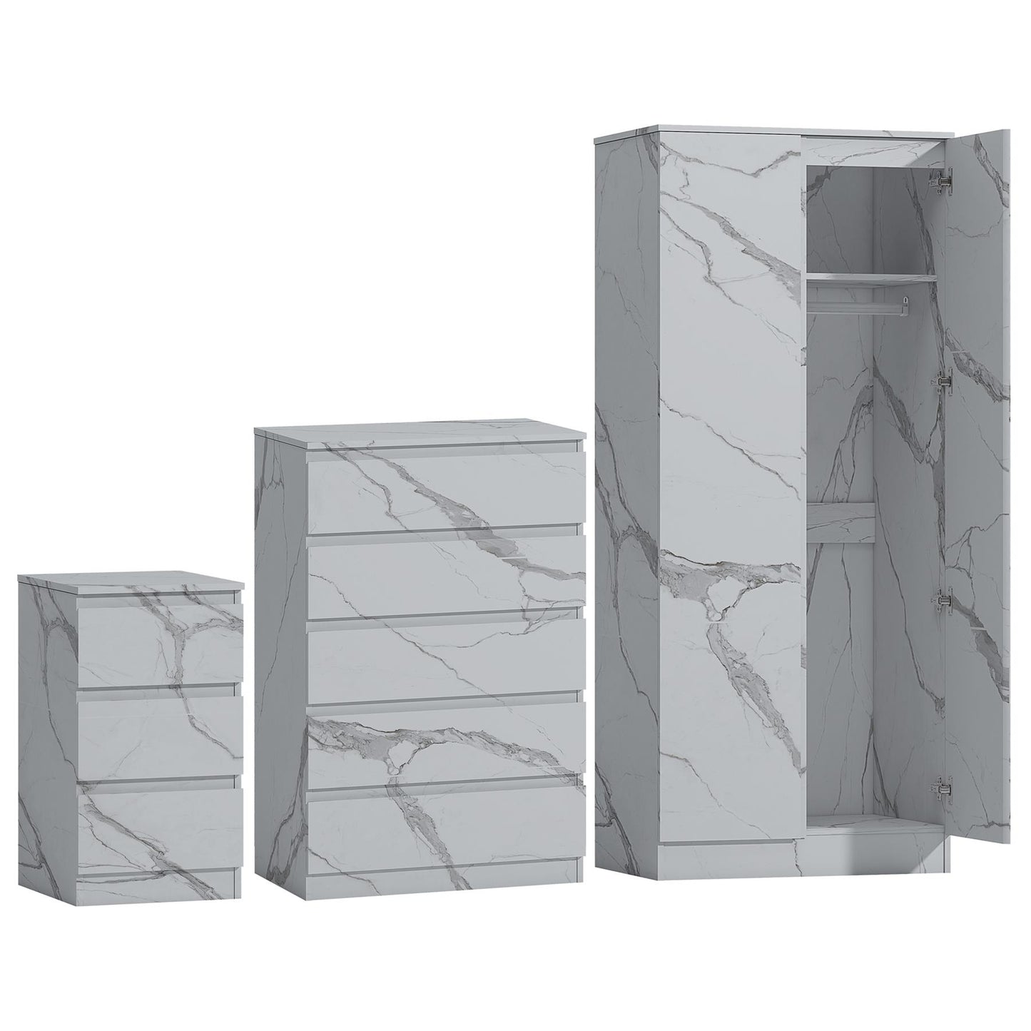 ZITA White Marble Effect 3 Piece Set - 2 Door Wardrobe, 5 Drawer Chest & 3 Drawer Bedside, Stylish Bedroom Storage