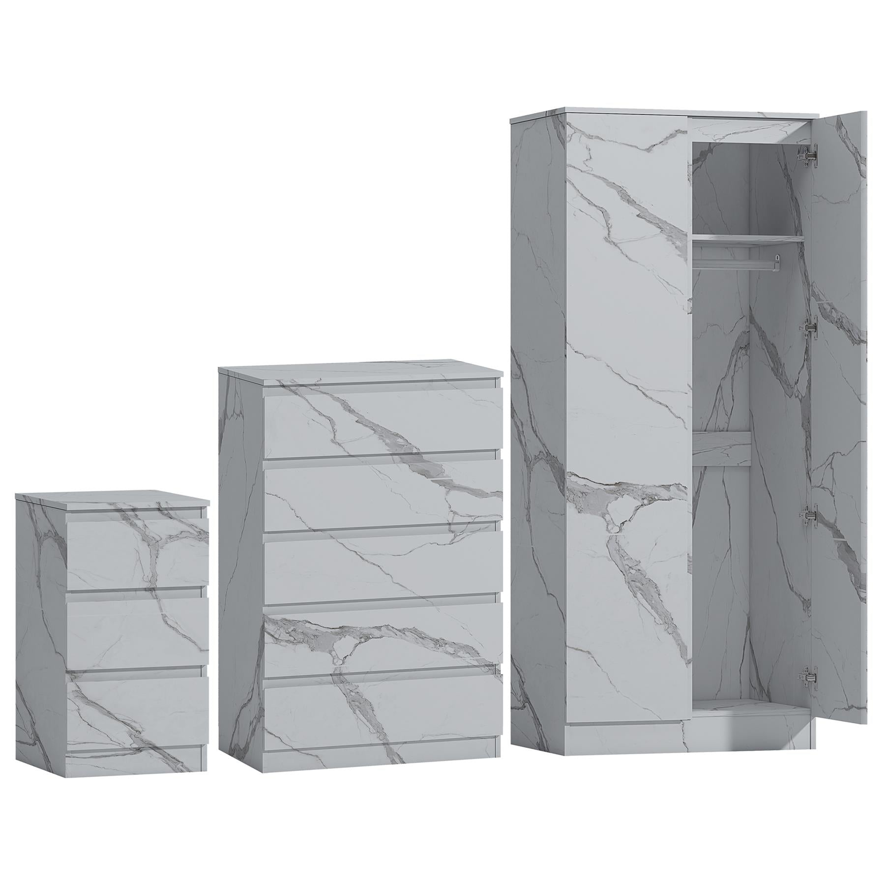 ZITA White Marble Effect 3 Piece Set - 2 Door Wardrobe, 5 Drawer Chest & 3 Drawer Bedside, Stylish Bedroom Storage