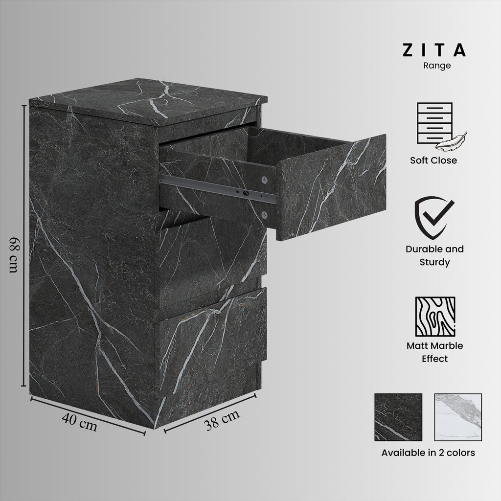 ZITA Grey Marble Effect 3 Piece Bedroom Set - 2 Door Wardrobe, 6 Drawer Chest & 3 Drawer Bedside, Stylish Bedroom Storage
