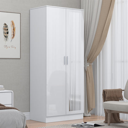 Reflect 2 Door Mirrored Wardrobe - White Gloss & Matt White - Hanging Rails & Shelves - Modern Sleek Design