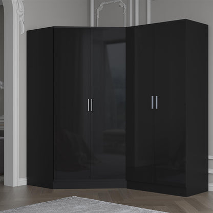 Reflect 2pc Wardrobe Bundle - 2 Door Corner + 2 Door Plain - Black Gloss & Black Oak