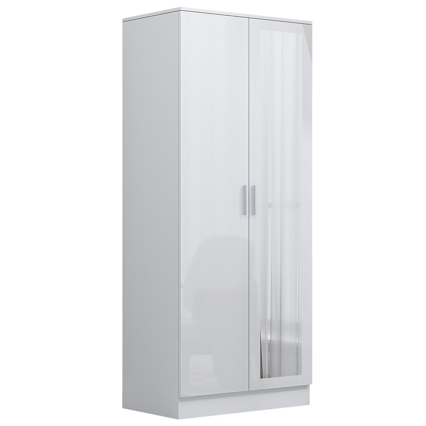 Reflect 2 Door Mirrored Wardrobe - White Gloss & Matt White - Hanging Rails & Shelves - Modern Sleek Design