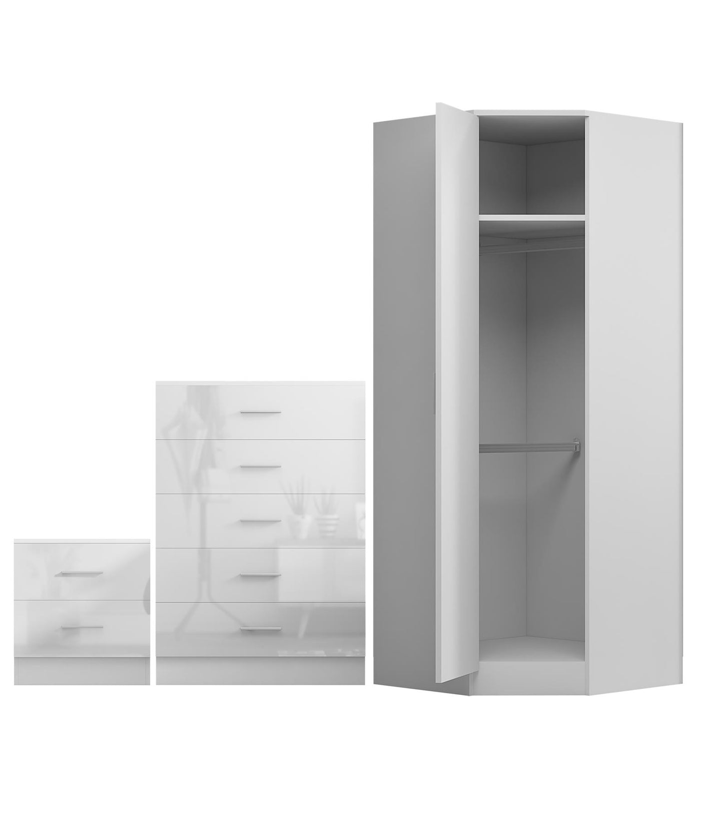 REFLECT - 1 Door Corner + 5 Drawer Chest + 2 Drawer Bedside in Gloss White / Matt White