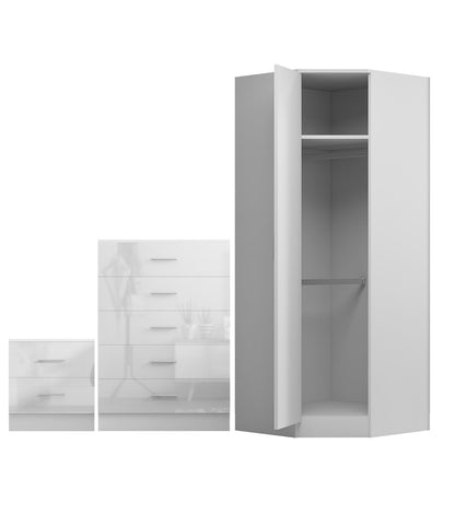 REFLECT - 1 Door Corner + 5 Drawer Chest + 2 Drawer Bedside in Gloss White / Matt White