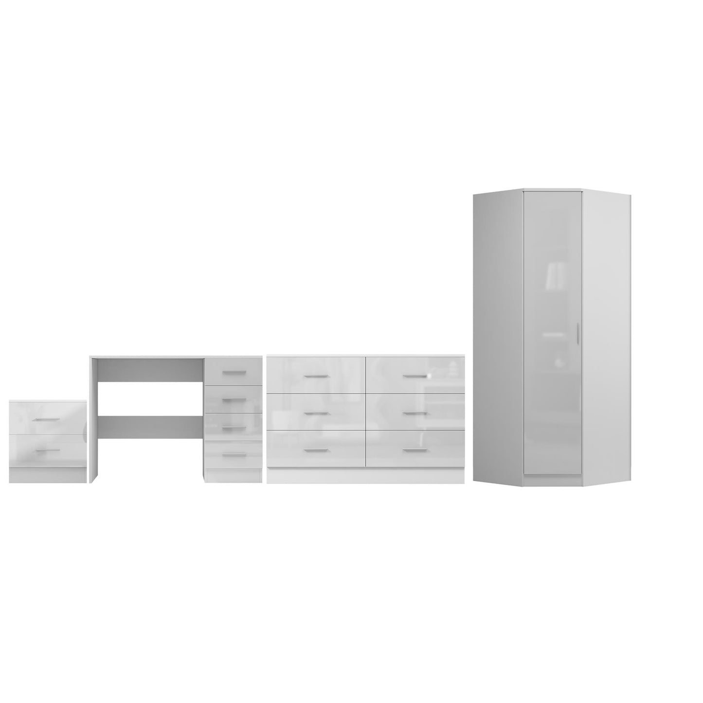 REFLECT - 1 Door Corner + 6 Drawer Chest + 2 Drawer Bedside + 4 Drawer Desk in Gloss White / Matt White