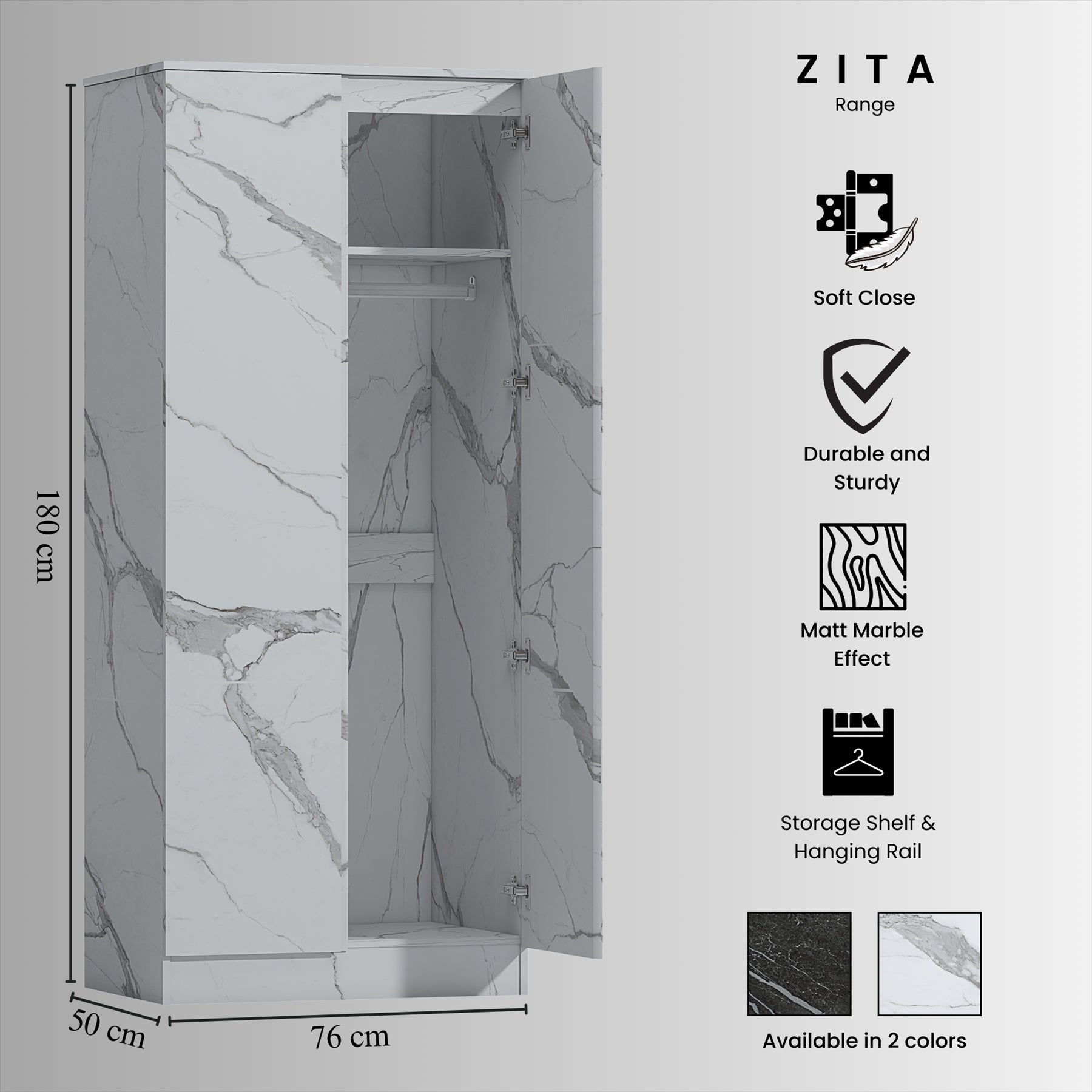 ZITA White Marble Effect 3 Piece Set - 2 Door Wardrobe, 5 Drawer Chest & 3 Drawer Bedside, Stylish Bedroom Storage