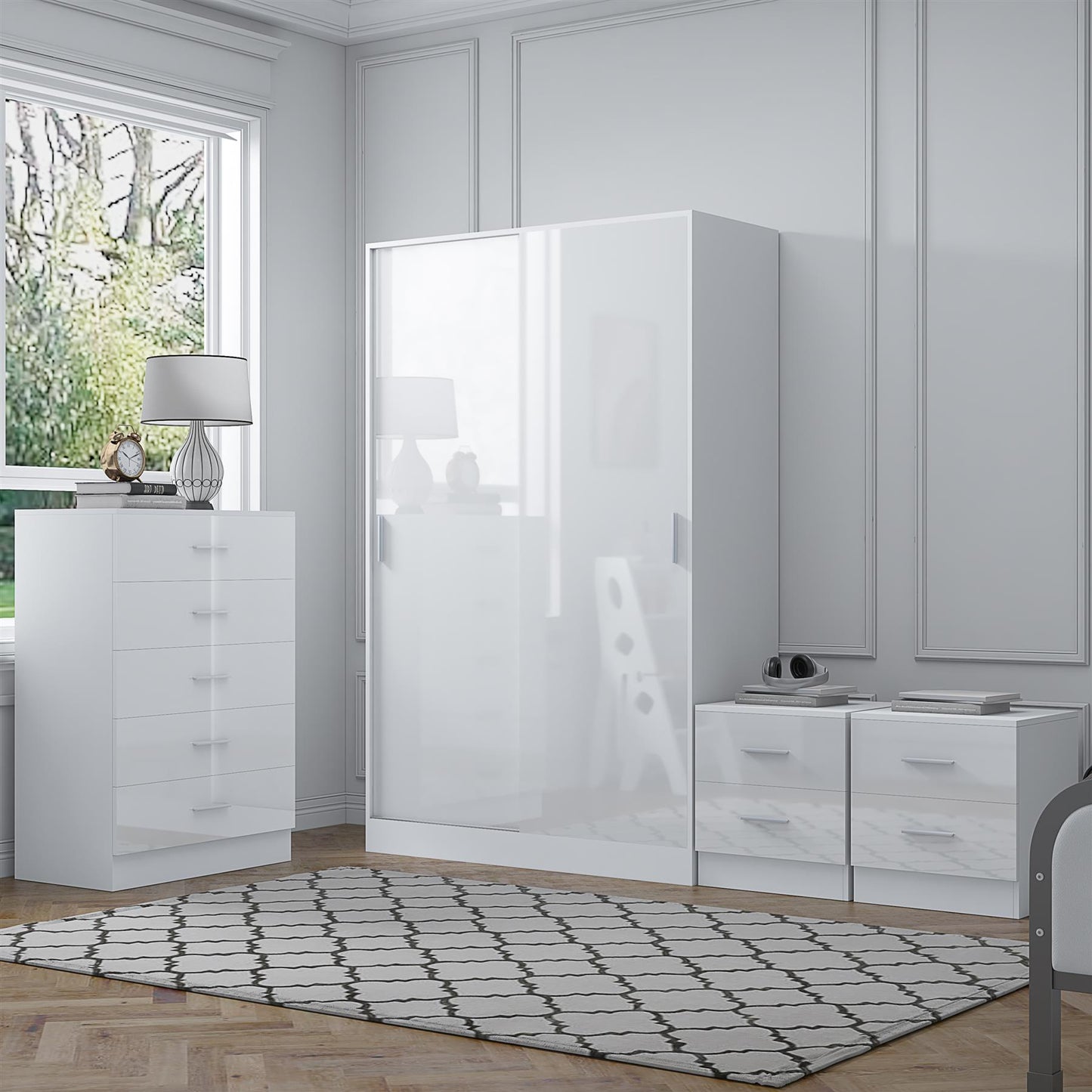 REFLECT Gloss 4pc Set - 2 Door Sliding Wardrobe + 5 Draw Chest + 2 Bedsides